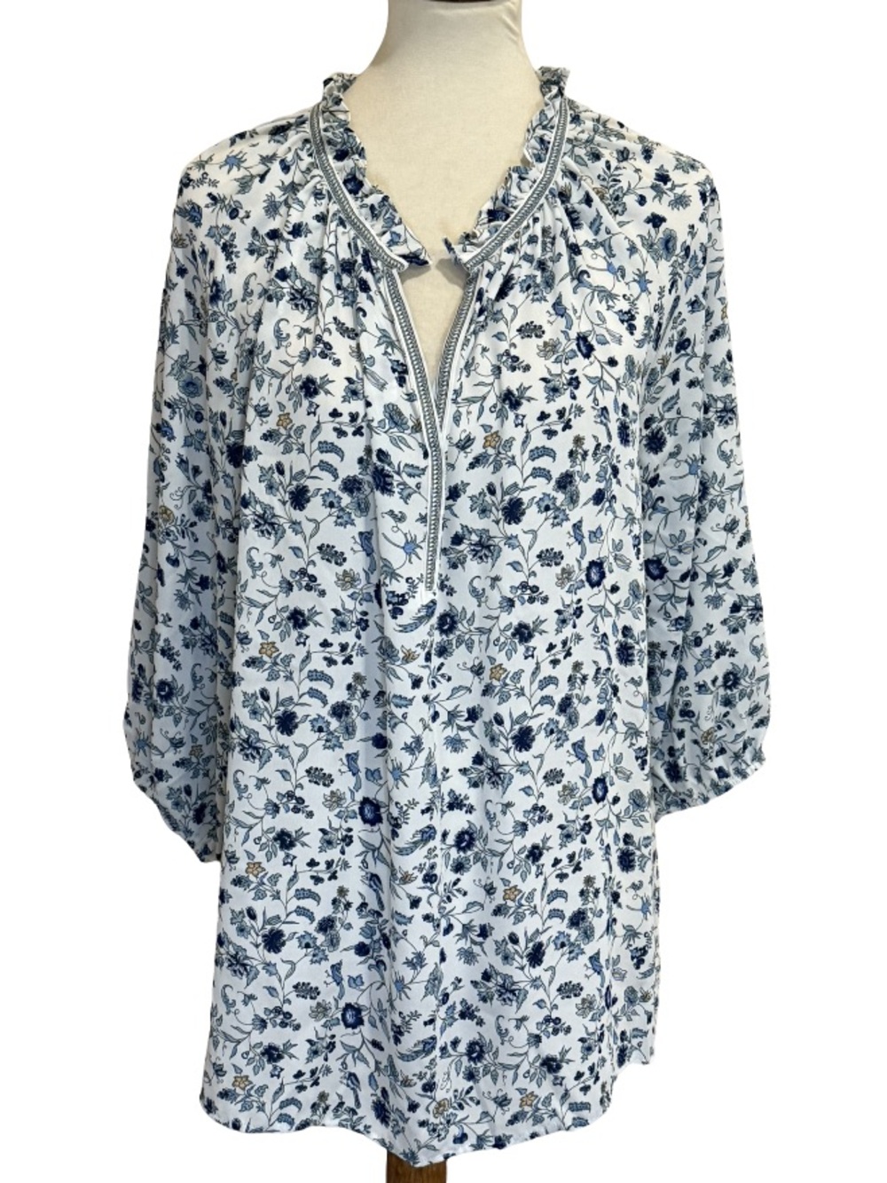 Max Studio 1X Blue & White Floral Peasant Tunic Blouse
